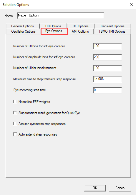 Solution Options Window. Eye Options tab highlighted.