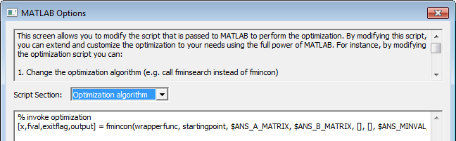 MATLAB Options window. Script Section set to Optimization Algorithm.