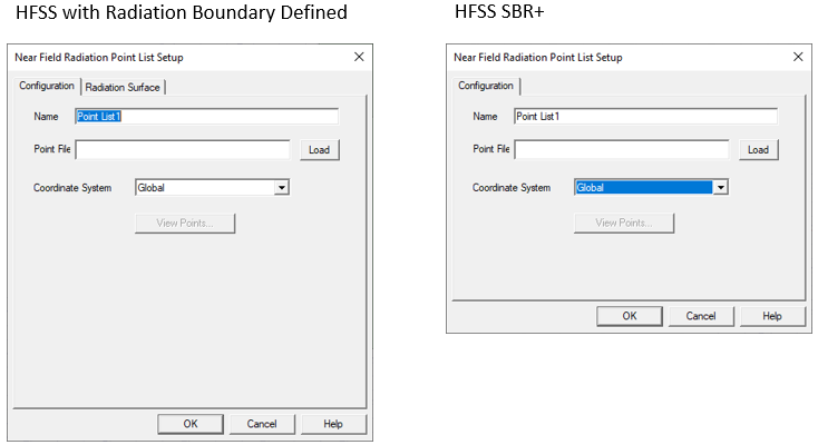 Near Field Radiation Point List Setup dialog, Configuration tab.