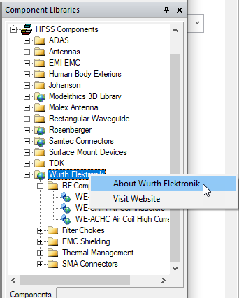 Vendor 3D Component's right-click menu. About Wurth Elektronik option highlighted.