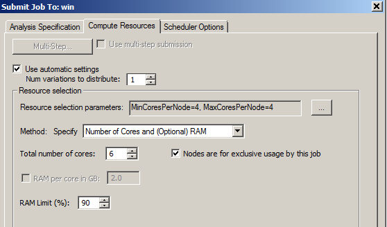 Submit Job To: win, Compute Resources tab.