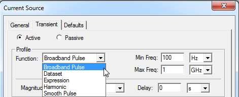 Current Source, Transient tab. Funtion drop-down menu expanded, Broadband Pulse option selected.