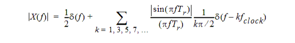 The absolute value of the Fourier Transform in Hertz for a zero rise-time clock pulse.