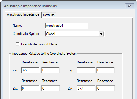 Anistropic Impedence Boundary dialog. Anistropic impedance tab open.