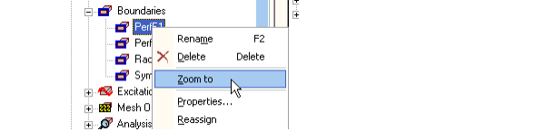 Boundary shortbut menu, Zoom to option highlighted.