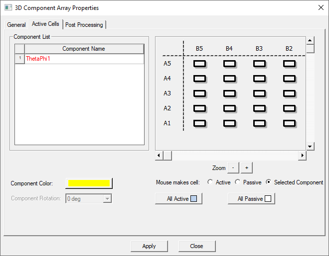 Regular Array Properties dialog. Active Cells tab, Mouse makes cell set to active.