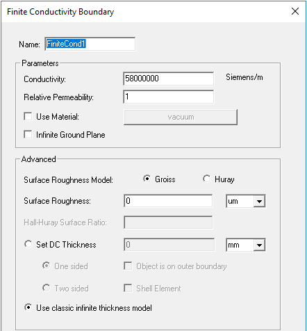 Finite Conductivity Boundary dialog.