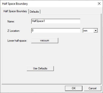 Half Space Boundary dialog. Half Space Boundary tab.