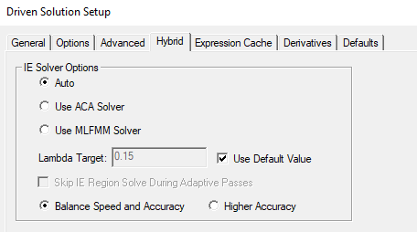Driven Solution Setup dialog, Hybrid tab. IE Solver options set to auto.