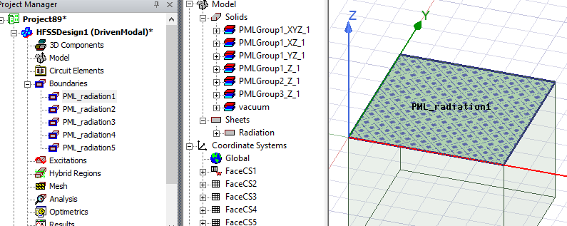 Project Manager window, Boundaries folder expanded. Model in modeler window.