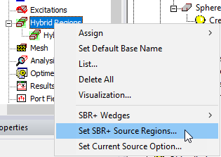 Project Tree, Hybrid Regions shortcut menu. Set SBR+ Source Regions highlighted.