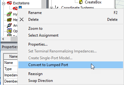 Circuit port right=click menu, Convert to Lumped Port option highlighted.