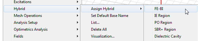 Hybrid regions shortcut menu. HFSS option expanded, Assign Hybrid option expanded, FE-BI option highlighted.
