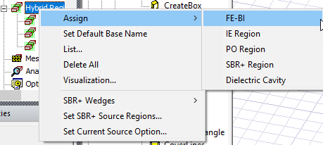Hybrid Regions shortcut menu. Assign option expanded, FE-BI option highlighted.