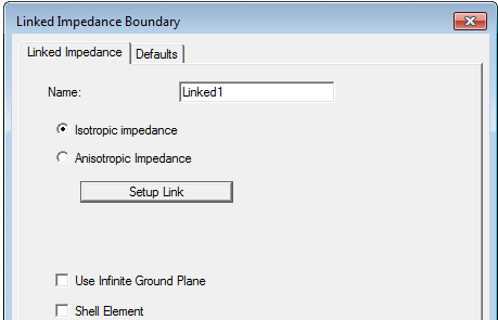 Linked Impedance Boundary dialog. Linked Impedance tab, Isotropic impedance option enabled.