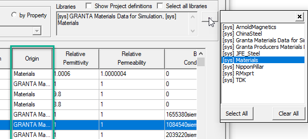 Materials list, origin column highlighted.