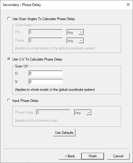 Secondary: Phase Delay dialog. Use U,V to calculate phase delay option enabled.