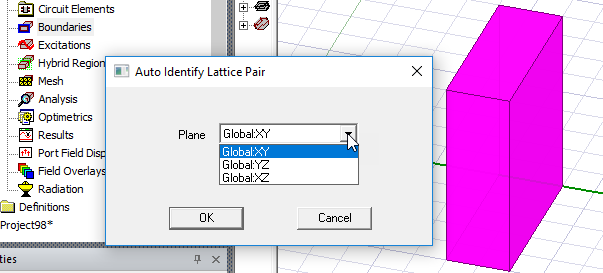 Auto Identify Lattice Pair dialog. Plane set to Global:XY