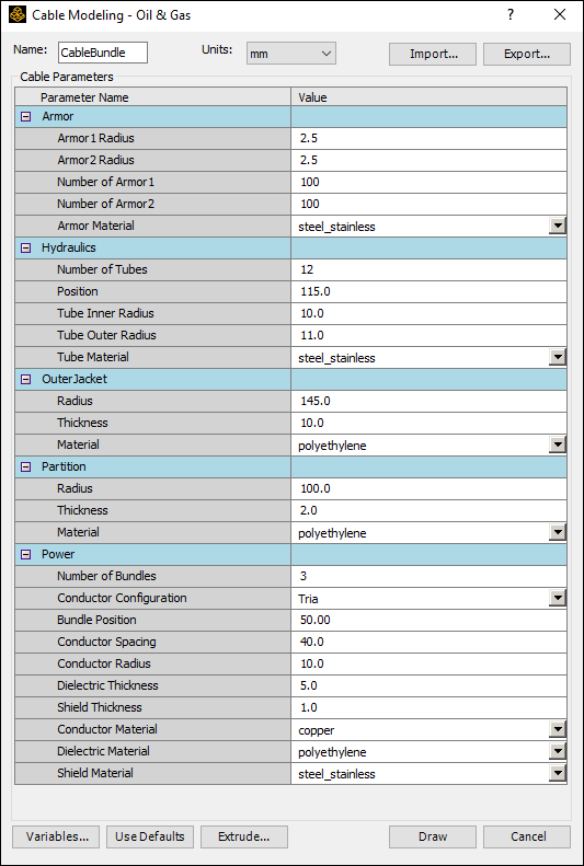 Cable Modeling - Oil & Gas Menu