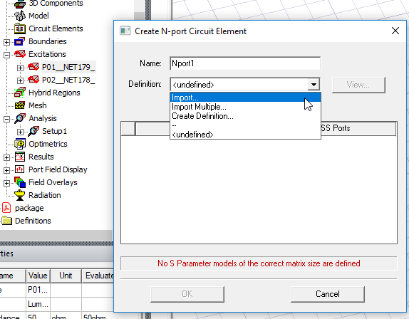 Create N-Port Circuit Element dialog. Definition field set to import.