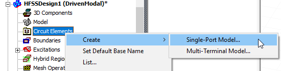 Circuit Elements shortcut menu, Create option expanded, Single-Port Model option highlgihted.