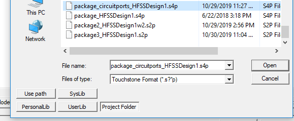 File Explorer dialog, Touchstone file selected.