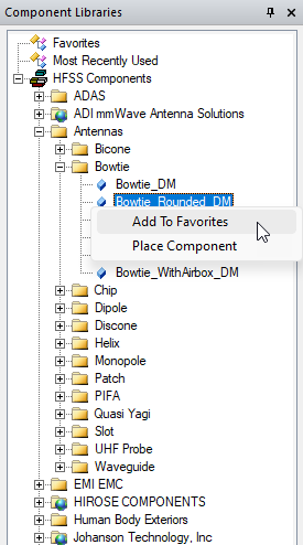 Component right-click menu. Add to Favorites option highlighted.
