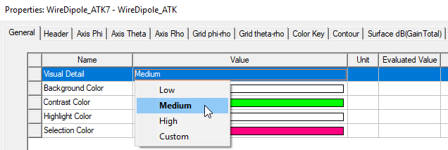 Properties Window, General Tab, Visual Detail options.