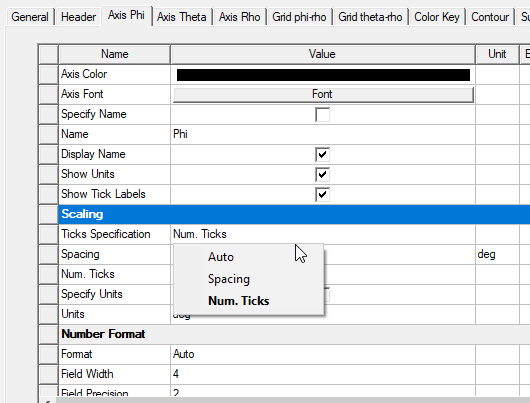 Axis Phi Tab, Ticks Specification options.