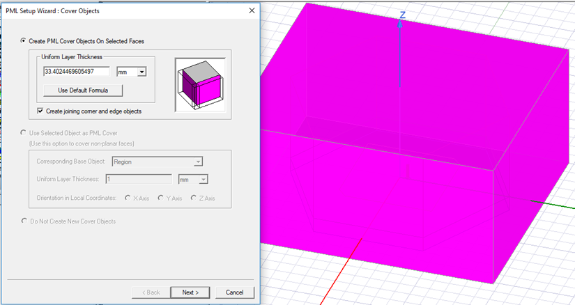Model in modeler window. PML Setup Wizard: Cover Objects dialog open.