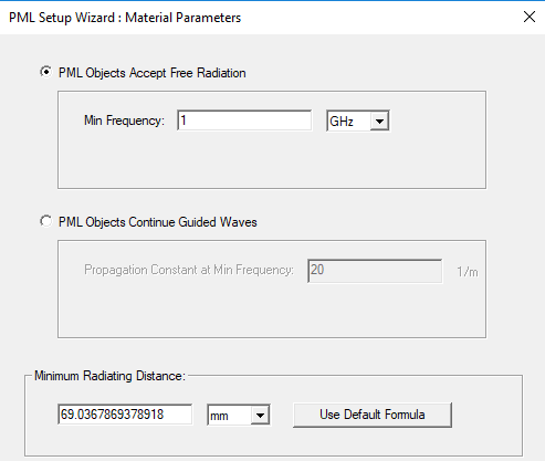 PML Setup Wizard: Material Parameters dialog. PML Objects Accept Free Radiation