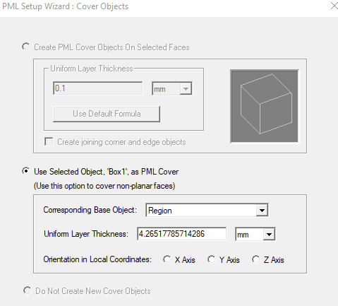 PML Setup Wizard: COver Objects dialog., Use Selected Object, BOX1 as PLM Cover enabled.