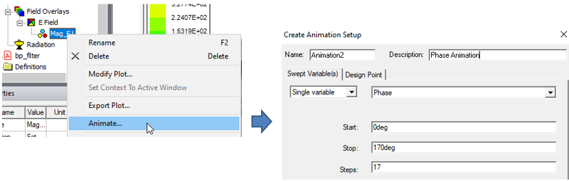 Right-Click menu, Animate... selected. Create Animation Setup dialog.