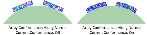 Array conformance along normal, current conformance off, and arry conformance along normal, currrent conformance on.