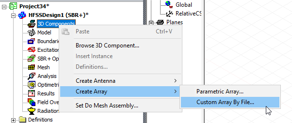3D Component shortcut menu, Create Array, Custome Array by File selected.