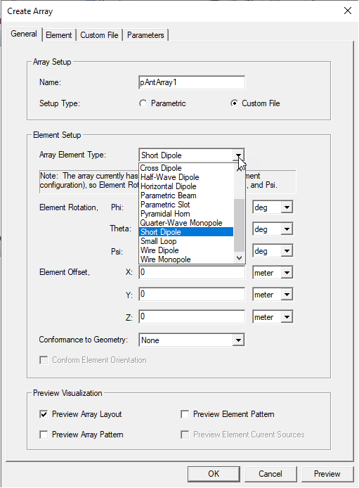 Create Array General tab, Element Setup groupbox, Array Element Type set to Short Dipole.