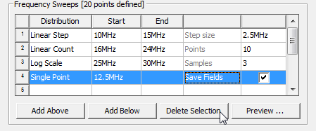 Frequency Sweeps groupbox, Delete Selection button