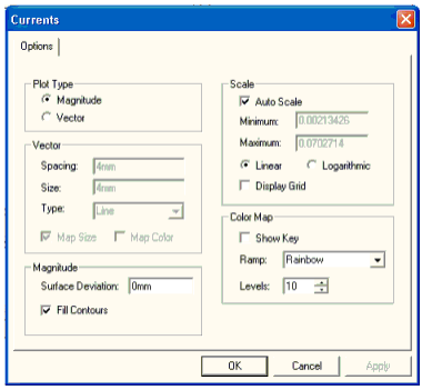 Currents dialog, Options tab.