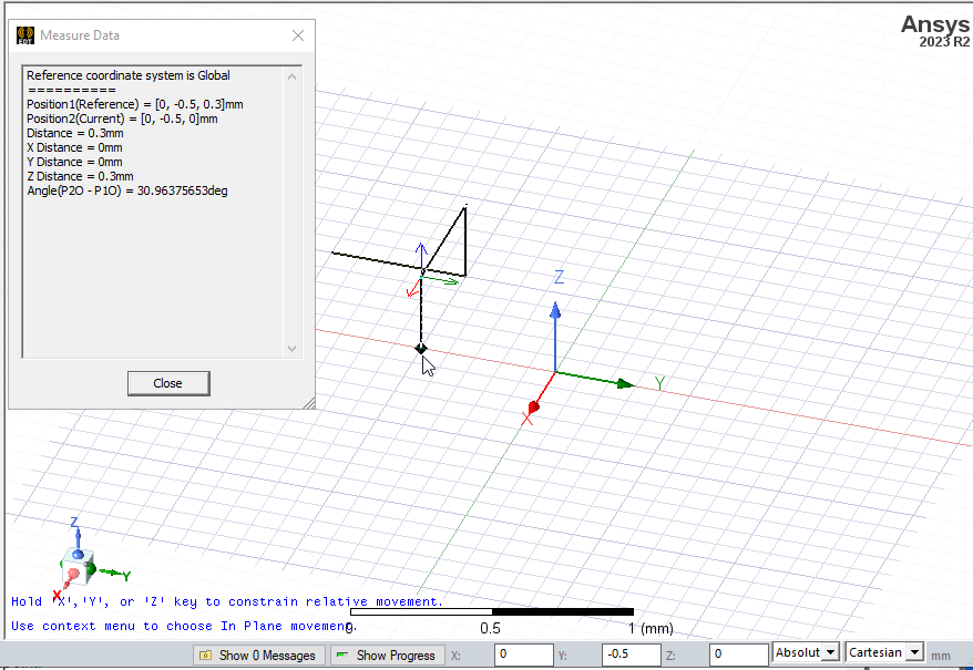 Modeler window, mouse pointer on a point. Measure Data dialog.