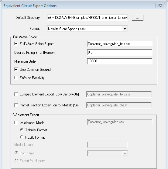 Equivalent Circuit Export Options dialog.