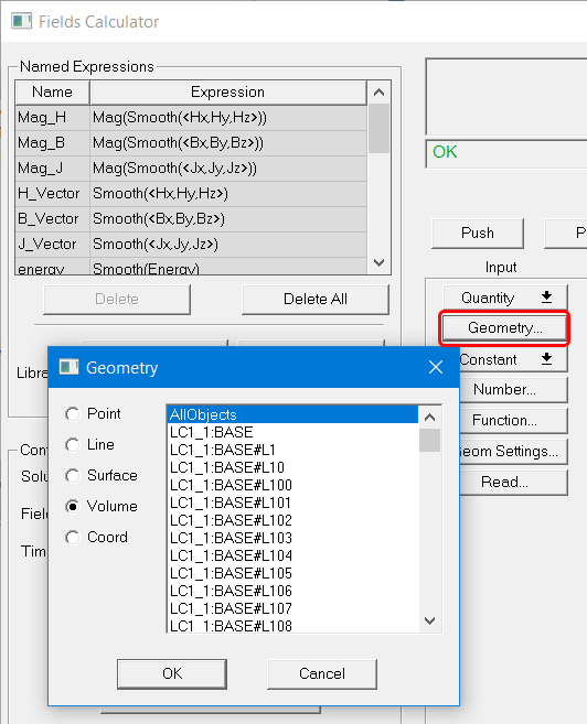 Geometry dialog, Volume option selected.