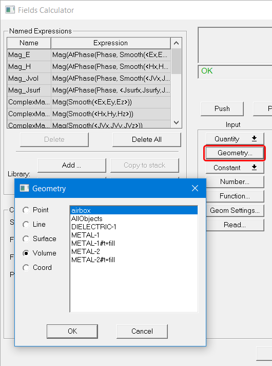 Fields Calculater dialog. Geometry subdialog.