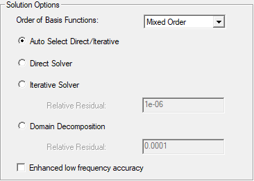 solution options section under the options tab of the driven solution setup dialog box, showing specification of mixed order and auto select options
