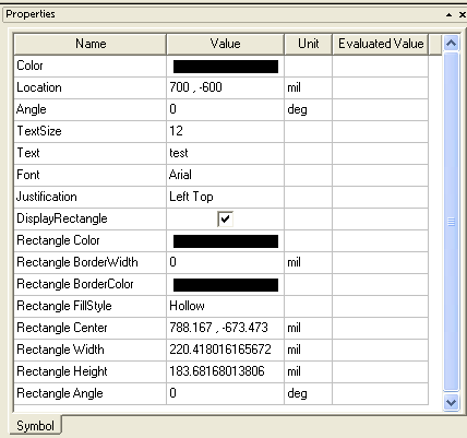 Symbol tab in the Properties window of AEDT. Information of modifiable attributes listed in tabular format. 