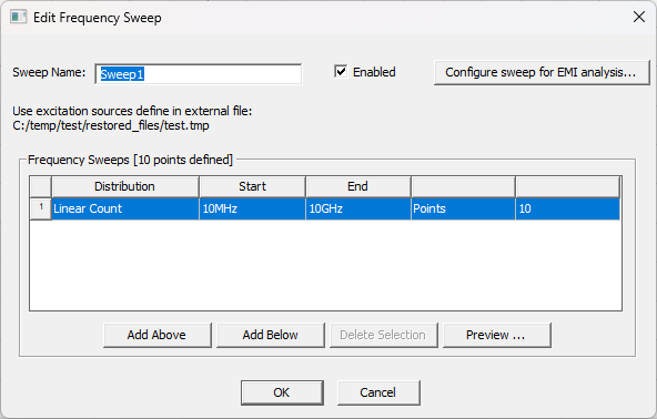 Edit Frequency Sweep Window