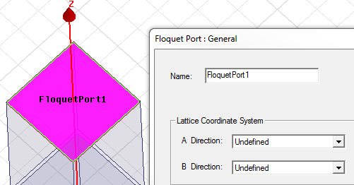 Model with FloquetPort1 overlay. Floquet Port: General dialog.