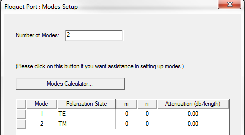 Floquet Port: Modes Setup dialog.