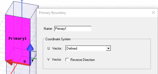 Primary Boundary dialog, Coordinate System groupbox. U Vector field set to Defined.