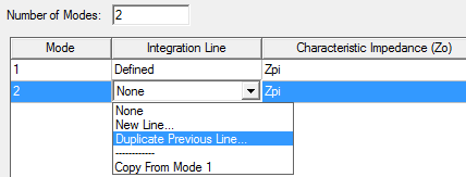 Wave Port dialog. Number of modes defined as 2. Mode 2 integration line field set to Duplicate Previous Line.