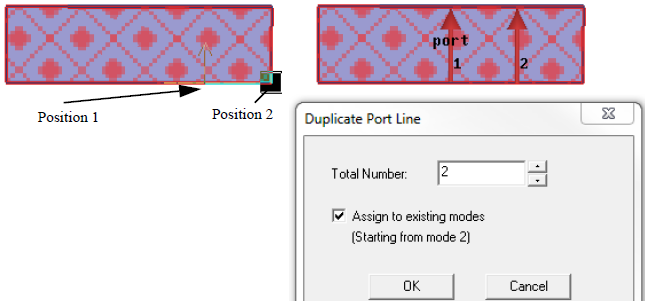 Duplicate Port Line dialog. Total Number field set to 2. Assign to existing modes option enabled.